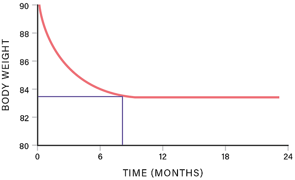 Hypothetical 90-kg woman: weight loss curve plateauing at 6 to 9 months
